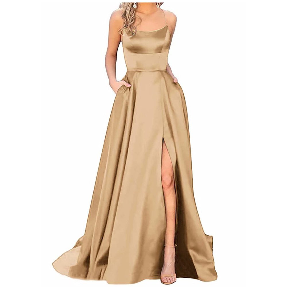 Beige Ballgowns Womens Dress Formal Sleeveless Backless Winter Party Maxi Dress Off The Shoulder Slip Satin Party Dresses for Women Elegant Classy Flowy Sexy Dress with Pockets XXL
