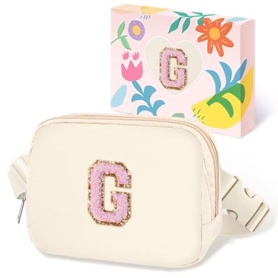 COSHAYSOO Valentines Birthday Initial Gifts for Women Teen Girls 5 6 7 8 9 10 11 12 13 14 Year Old Ivory Fanny Pack for Girls Belt Bag Crossbody Travel Purse Unique Trendy Cute Stuff Chenille Letter G