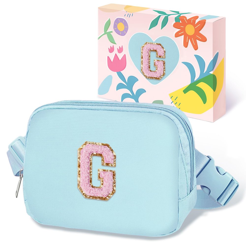 COSHAYSOO Valentines Birthday Initial Gifts for Teen Girls 5 6 7 8 9 10 11 12 13 14 Year Old Blue Fanny Pack Belt Bag Crossbody Travel Purse Unique Letter G