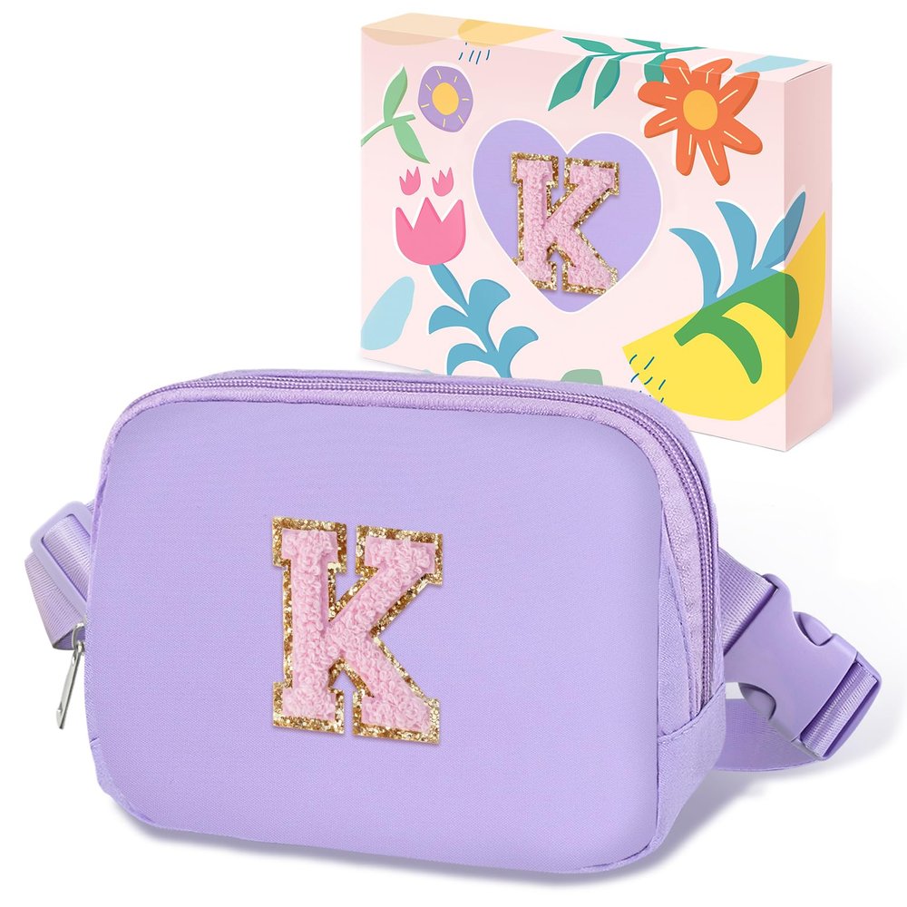 COSHAYSOO Valentines Birthday Initial Gifts for Teen Girls 5 6 7 8 9 10 11 12 13 14 Year Old Purple Fanny Pack for Girls Belt Bag Crossbody Travel Purse Unique Trendy Preppy Stuff Chenille Letter K