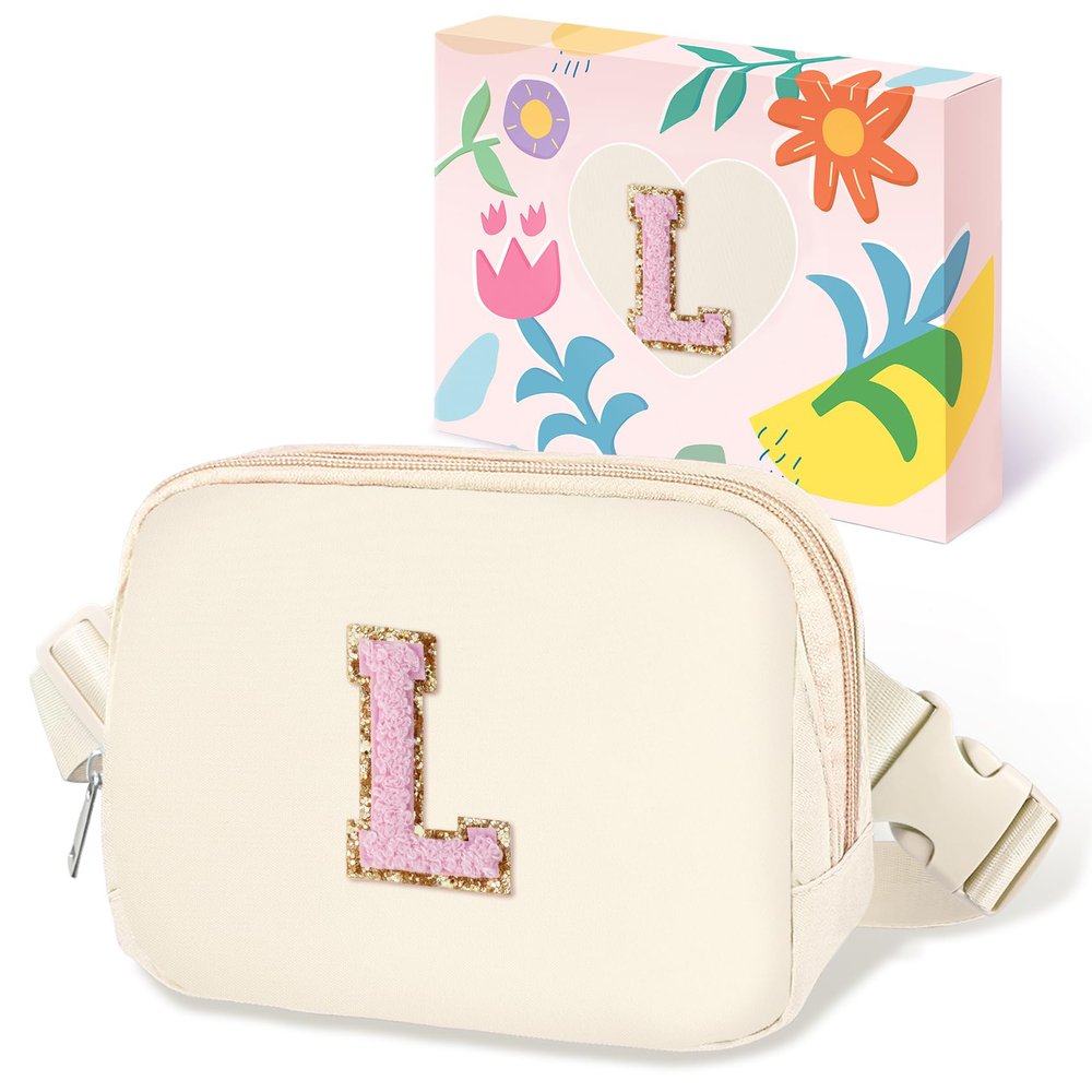 COSHAYSOO Valentines Birthday Initial Gifts for Women Teen Girls 5 6 7 8 9 10 11 12 13 14 Year Old Ivory Fanny Pack for Girls Belt Bag Crossbody Travel Purse Unique Trendy Cute Stuff Chenille Letter L