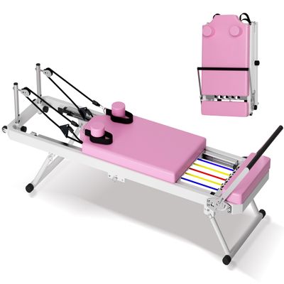 Foldable Pilates Reformer Machine with Double Resistance System, 330 lbs Capacity Home Gym Equipment with Adjustable Resistance & Height, Compact & Portable for Full-Body Workouts (Pink)