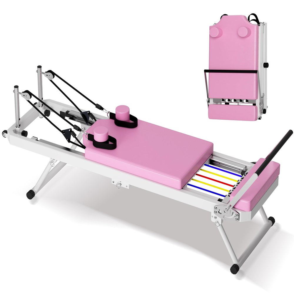 Foldable Pilates Reformer Machine with Double Resistance System, 330 lbs Capacity Home Gym Equipment with Adjustable Resistance & Height, Compact & Portable for Full-Body Workouts (Pink)