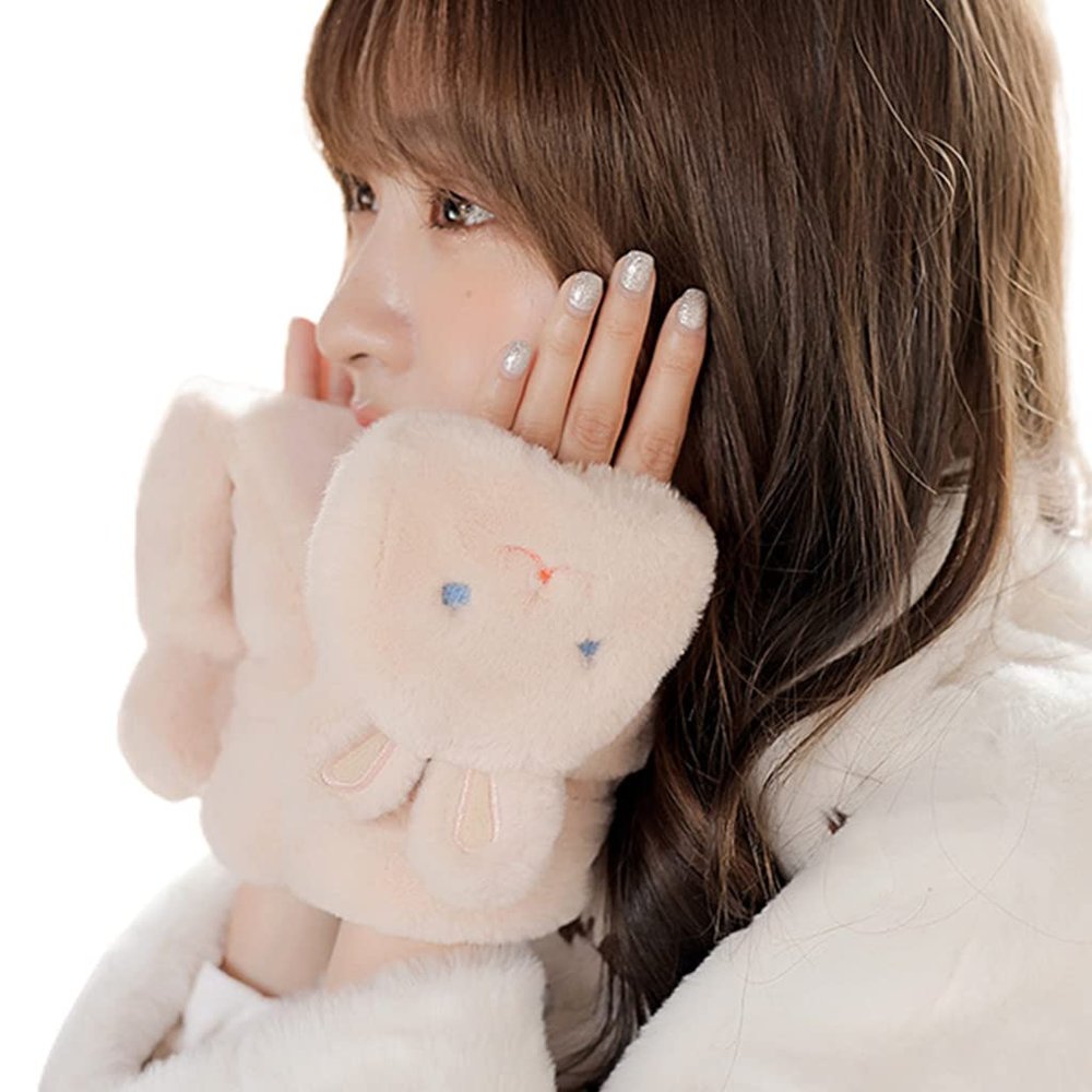 Bydezcon Soft Girls Gloves Warm Mittens Finger Cartoon Rabbits Shaped Convertible Mitten for Winter Supplies