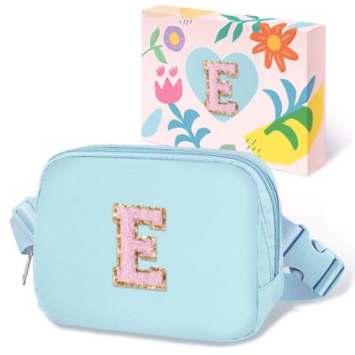 COSHAYSOO Valentines Birthday Initial Gifts for Teen Girls 5 6 7 8 9 10 11 12 13 14 Year Old Blue Fanny Pack for Girls Belt Bag Crossbody Travel Purse Unique Trendy Fashion Stuff Chenille Letter E