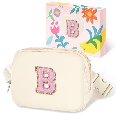 COSHAYSOO Valentines Birthday Initial Gifts for Women Teen Girls 5 6 7 8 9 10 11 12 13 14 Year Old Ivory Fanny Pack for Girls Belt Bag Crossbody Travel Purse Unique Trendy Cute Stuff Chenille Letter B