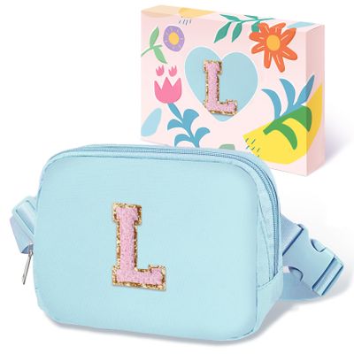 COSHAYSOO Valentines Birthday Initial Gifts for Teen Girls 5 6 7 8 9 10 11 12 13 14 Year Old Blue Fanny Pack for Girls Belt Bag Crossbody Travel Purse Unique Trendy Fashion Stuff Chenille Letter L