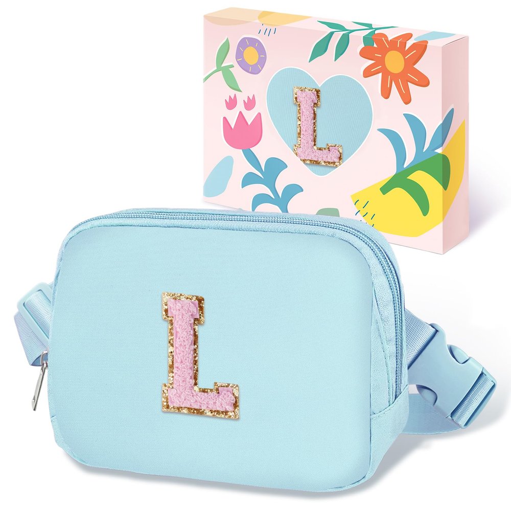 COSHAYSOO Valentines Birthday Initial Gifts for Teen Girls 5 6 7 8 9 10 11 12 13 14 Year Old Blue Fanny Pack for Girls Belt Bag Crossbody Travel Purse Unique Trendy Fashion Stuff Chenille Letter L