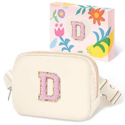 COSHAYSOO Valentines Birthday Initial Gifts for Women Teen Girls 5 6 7 8 9 10 11 12 13 14 Year Old Ivory Fanny Pack for Girls Belt Bag Crossbody Travel Purse Unique Trendy Cute Stuff Chenille Letter D