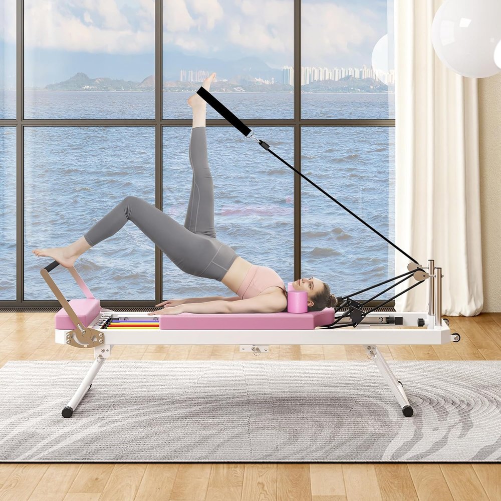 Pro 77" Pilates Reformer Machine with Dual Resistance Springs and Cords, Foldable Pilates Machine Equipment with Jump Board, Upgrade Pilates Equipment for Home Workout,Pink