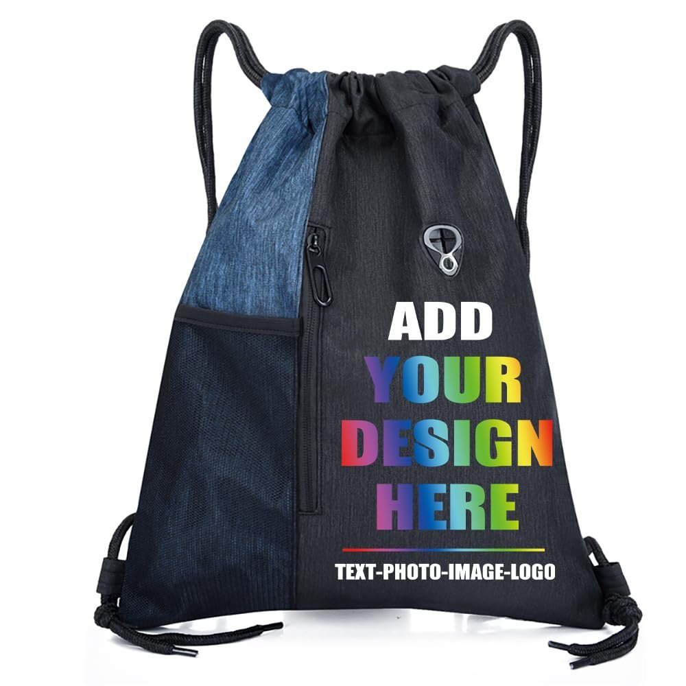 SMALL COLOR Custom Bag With Your Logo Name Photo Personalized Drawstring Backpack For Travelling, Gym And For Everyday Use (Blue)