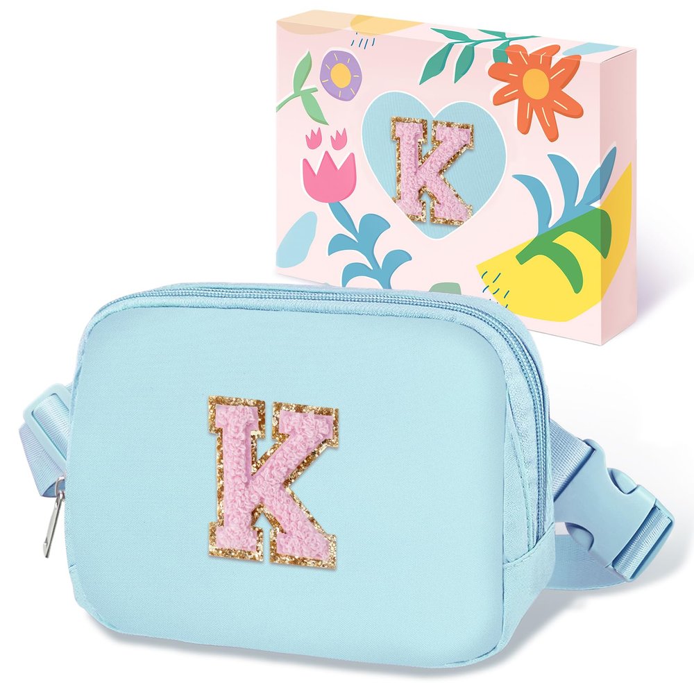 COSHAYSOO Valentines Birthday Initial Gifts for Teen Girls 5 6 7 8 9 10 11 12 13 14 Year Old Blue Fanny Pack for Girls Belt Bag Crossbody Travel Purse Unique Trendy Fashion Stuff Chenille Letter K