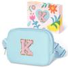COSHAYSOO Valentines Birthday Initial Gifts for Teen Girls 5 6 7 8 9 10 11 12 13 14 Year Old Blue Fanny Pack for Girls Belt Bag Crossbody Travel Purse Unique Trendy Fashion Stuff Chenille Letter K