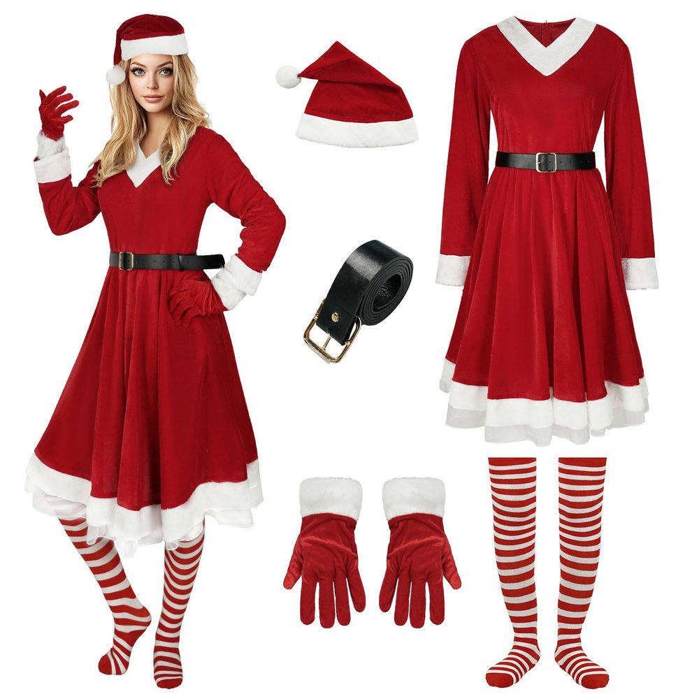 Teyujosem Womens Elf Costume Set Santa Helper Costume 5 PCS for Christmas(2022054,S)