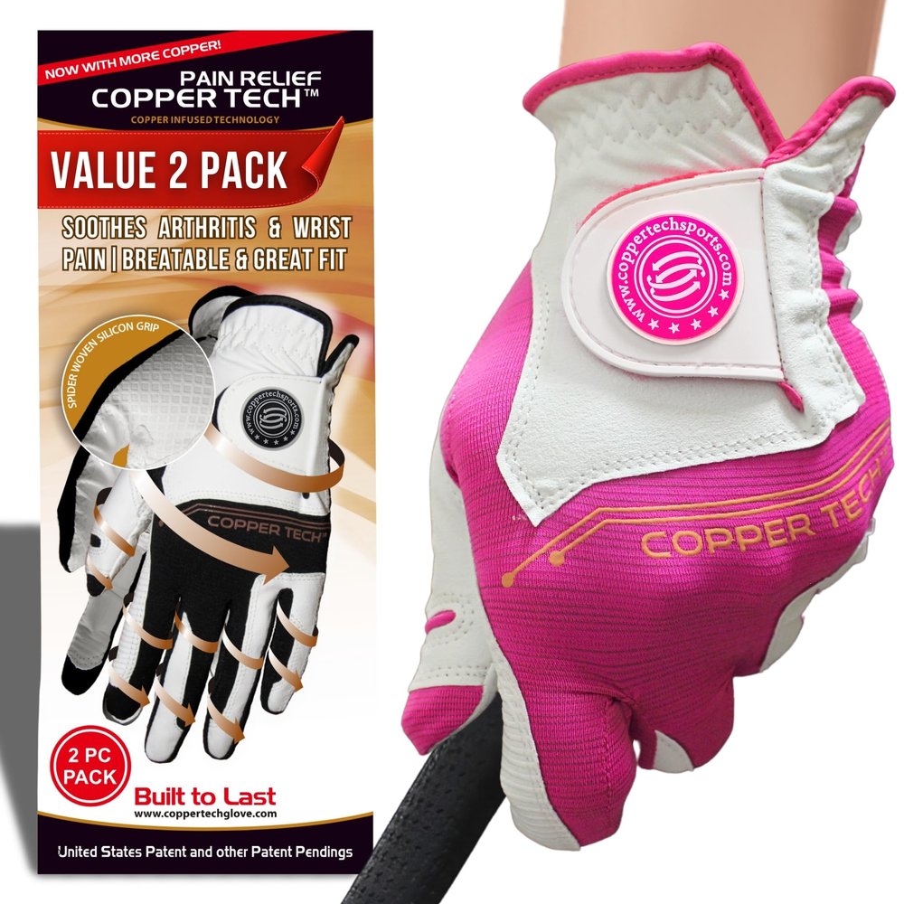 Copper Tech Ladies Golf Gloves Women Right Handed Golfer or Left Handed Golfer 2 Pack | Copper Compression Joint Support with Flexible & Comfortable Fit (White/Fuchsia, X-Large, Left)