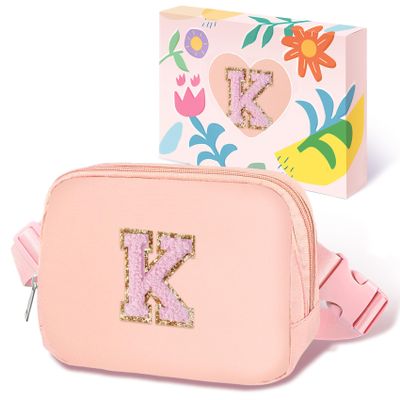 COSHAYSOO Valentines Birthday Initial Gifts for Teen Girls 5 6 7 8 9 10 11 12 13 14 Year Old Pink Fanny Pack for Girls Belt Bag Crossbody Travel Purse Unique Trendy Girly Stuff Chenille Letter K
