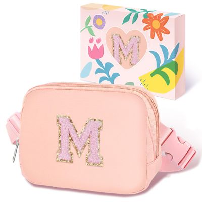 COSHAYSOO Easter Birthday Initial Gifts for Teen Girls 5 6 7 8 9 10 11 12 13 14 Year Old Pink Fanny Pack for Girls Belt Bag Crossbody Travel Purse Unique Trendy Girly Stuff Chenille Letter M