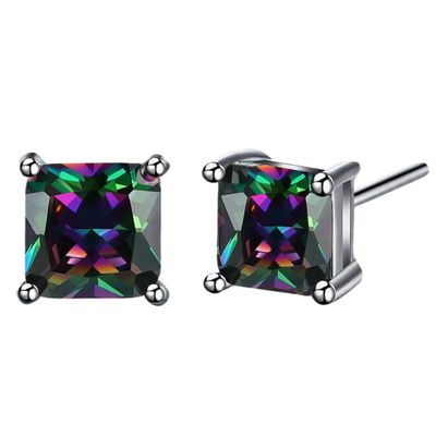 18K White Gold Plated Round/Square CZ Earrings Created Rainbow Quartz Stud Earrings for Women Men (7mm square)