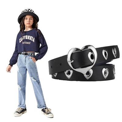 Adorable Heart Shaped Belt for Girls Imitation Leather, Alloy Buckle, 0.8in Wide, 31.5in Length - Gift for Girls (black)