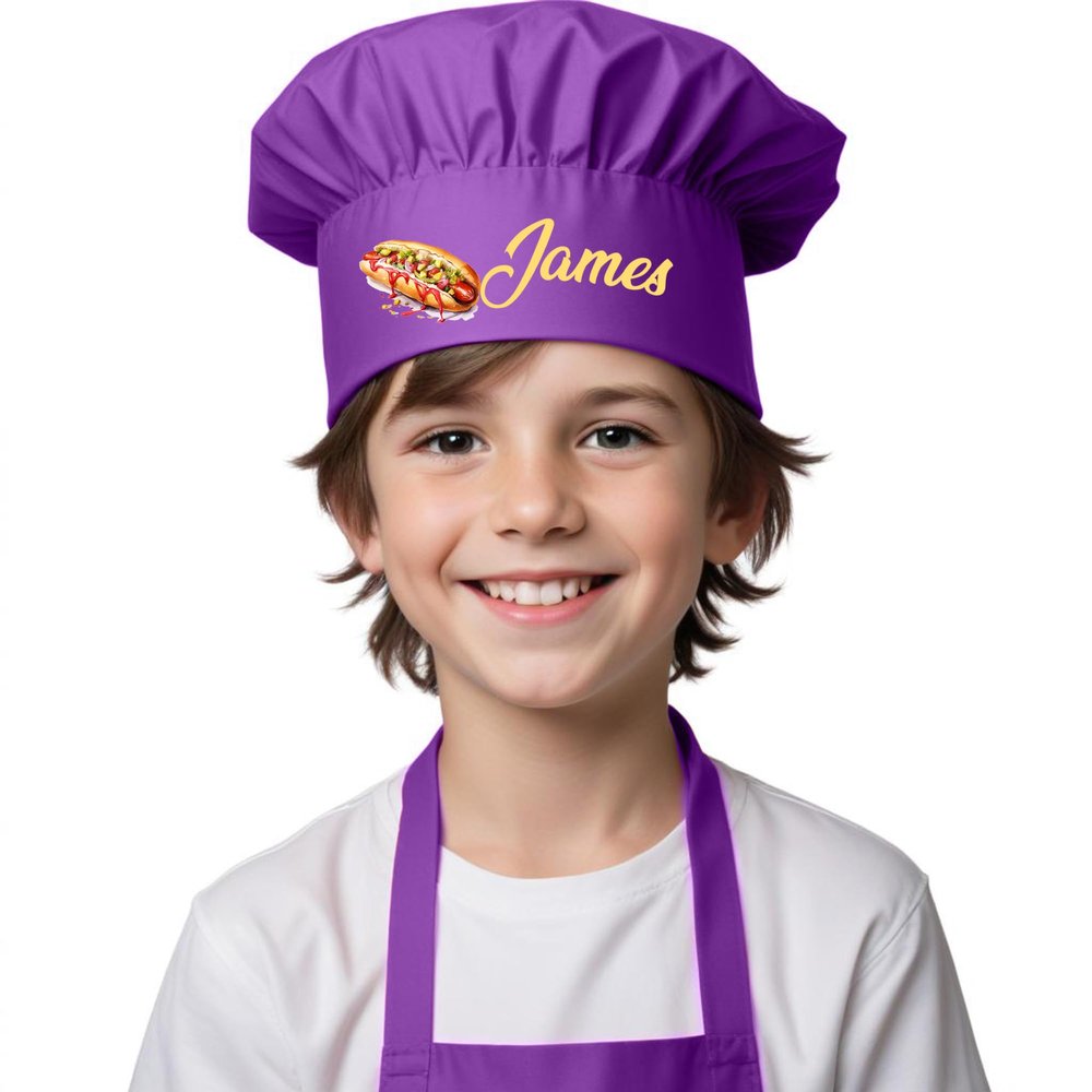 Personalized Kids Chef Hat, Custom Hot Dog White Chef Hats and Apron, Customized Toddler Chef, Elastic Band Junior Chef Cap for Kitchen, Young Kitchen Gear - White, Black, Red, Purple, Pink