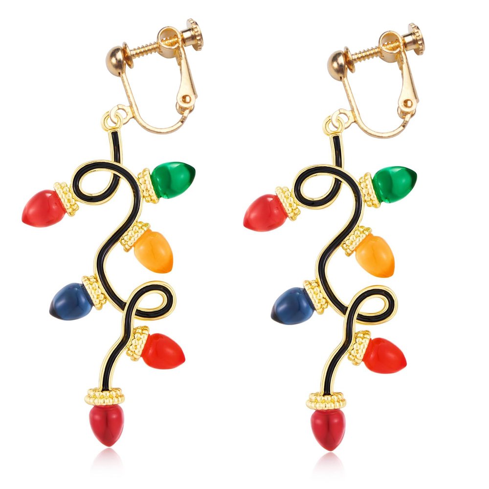 Christmas Clip on Earrings for Women Non Pierced Tree Cute Colorful Rhinestone Light Bulb Snowflake Bow Heart Dangling New Year Holiday Party Accessory Jewelry