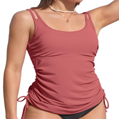 ANFILIA Modest Swimsuits for Women Tummy Control Ladies Swim Tops Ruched Tie-Side Tankini Coral Pink