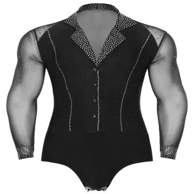 Winnrchan Men Sheer Mesh Latin Samba Rumba Dance Leotard Shiny Bodysuit Cha-Cha Ballet Dance Class Competition Black Large