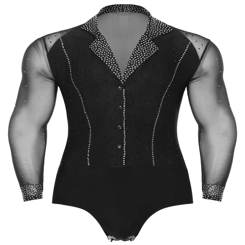 Winnrchan Men Sheer Mesh Latin Samba Rumba Dance Leotard Shiny Bodysuit Cha-Cha Ballet Dance Class Competition Black Large