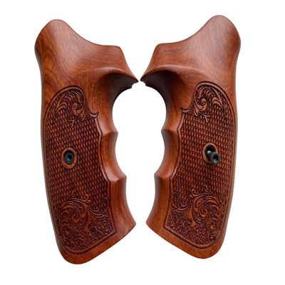 New Handmade reproductive Padauk Wood Grips Compatible with 5&W N Frame Round Butt, Flower Engraved, Closed Back, Thai Handmade #NR3