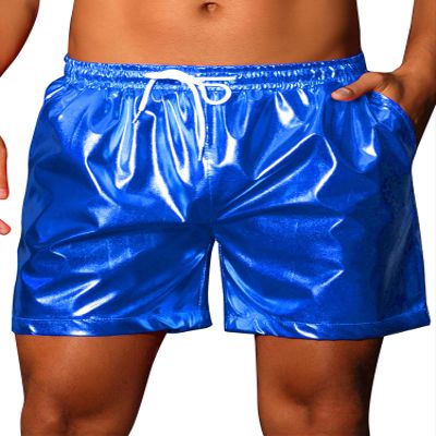Lars Amadeus Blue Metallic Shorts for Men's Rave Elastic Drawstring Disco Holographic Shiny Hot Shorts with Pocket 32