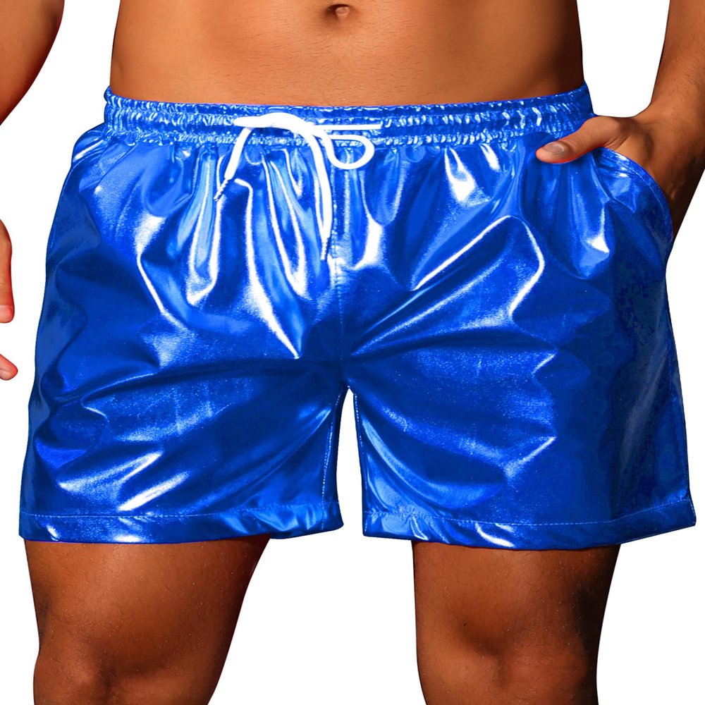 Lars Amadeus Blue Metallic Shorts for Men's Rave Elastic Drawstring Disco Holographic Shiny Hot Shorts with Pocket 32