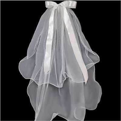 Bridal Veil Veils Two Layer Bridal Veil Ruffle Edge Bridal Tulle Ribbon Bow Accessory Wedding Veil with Comb Elegant Bridal Tulle Veil Breathable