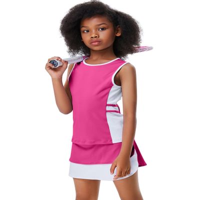 Girls Tennis Golf Outfit Sleeveless Dress Tank Top Skorts Skirts Athletic Sets with Shorts Pockets, 9-10Y, Rose Red