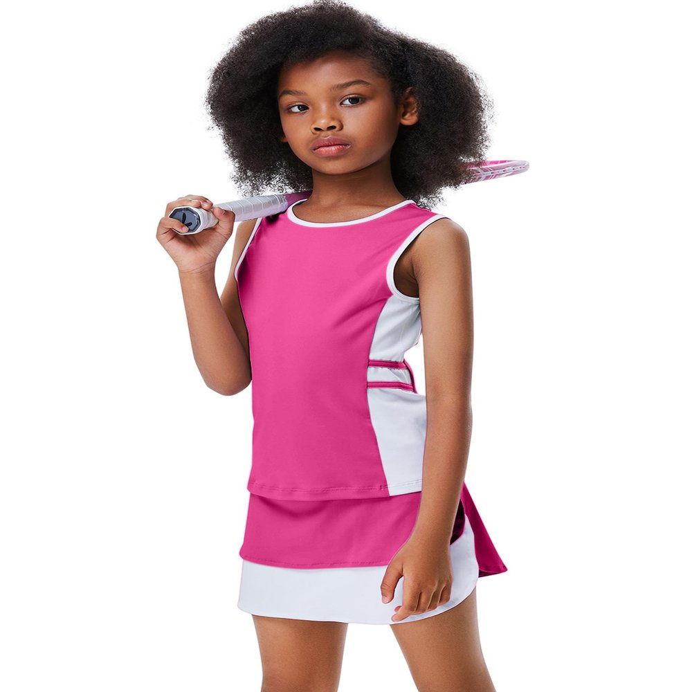 Girls Tennis Golf Outfit Sleeveless Dress Tank Top Skorts Skirts Athletic Sets with Shorts Pockets, 9-10Y, Rose Red