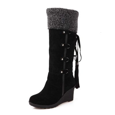ZDLJYL Women's Winter Fur Wedge Snow Boots Mid Wide Calf Waterproof Buckle Platform Slip On Warm Snow Boots Knee High Boots