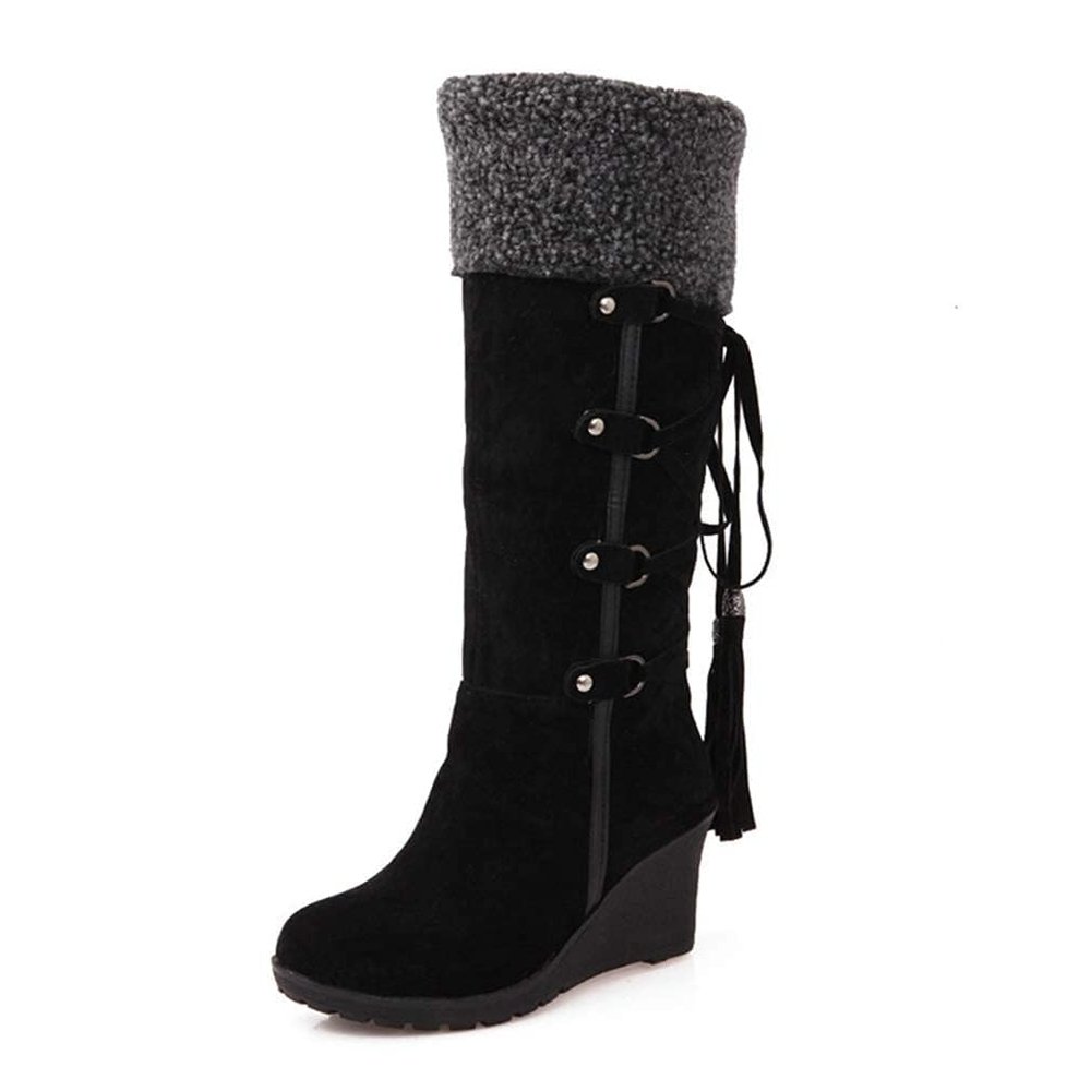 ZDLJYL Women's Winter Fur Wedge Snow Boots Mid Wide Calf Waterproof Buckle Platform Slip On Warm Snow Boots Knee High Boots