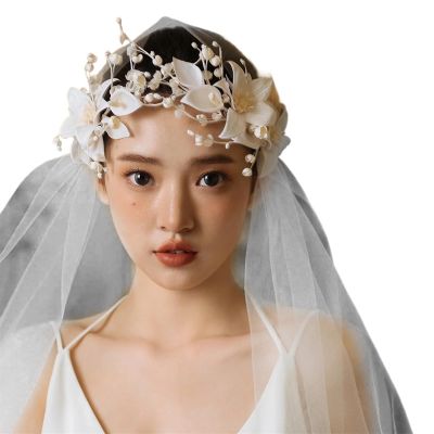 GRABAGECAN Elegant Bridal Hairband with Flower Tulle Single Layer Wedding Headpiece Versatile Bridal Accessory for Bride