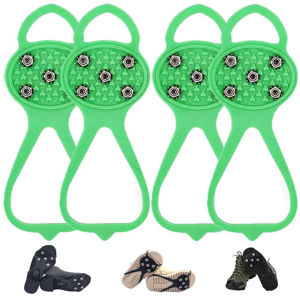 Universal Non-Slip Gripper Spikes, New Universal Gripper Spikes Non Slip Shoe Grips with 5 Tooth Steel Nails, Traction Cleats Ice Snow Grips Anti Slip Silicone for Ice Sports (2Pair Green, Child)