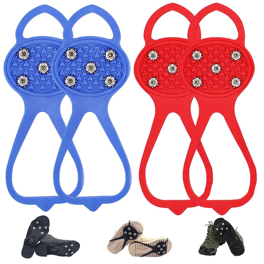 Universal Non-Slip Gripper Spikes, New Gripper Shoe Grips with 5 Tooth Steel Nails, Traction Cleats Ice Snow Grips Anti-Slip Silicone for Ice Sports (Blue+Red, Child)