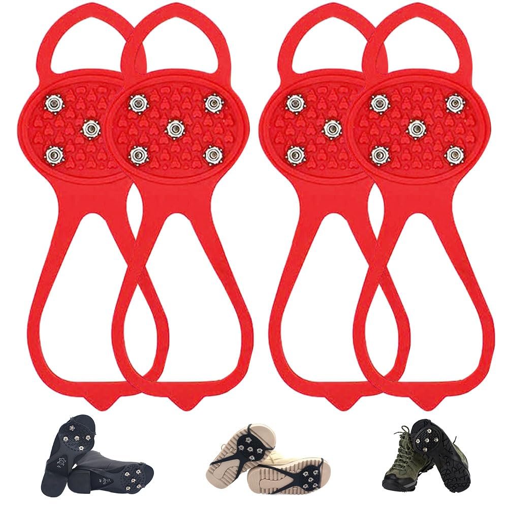 Universal Non-Slip Gripper Spikes, New Gripper Shoe Grips with 5 Tooth Steel Nails, Traction Cleats Ice Snow Grips Anti-Slip Silicone for Ice Sports (2Pair Red, Child)