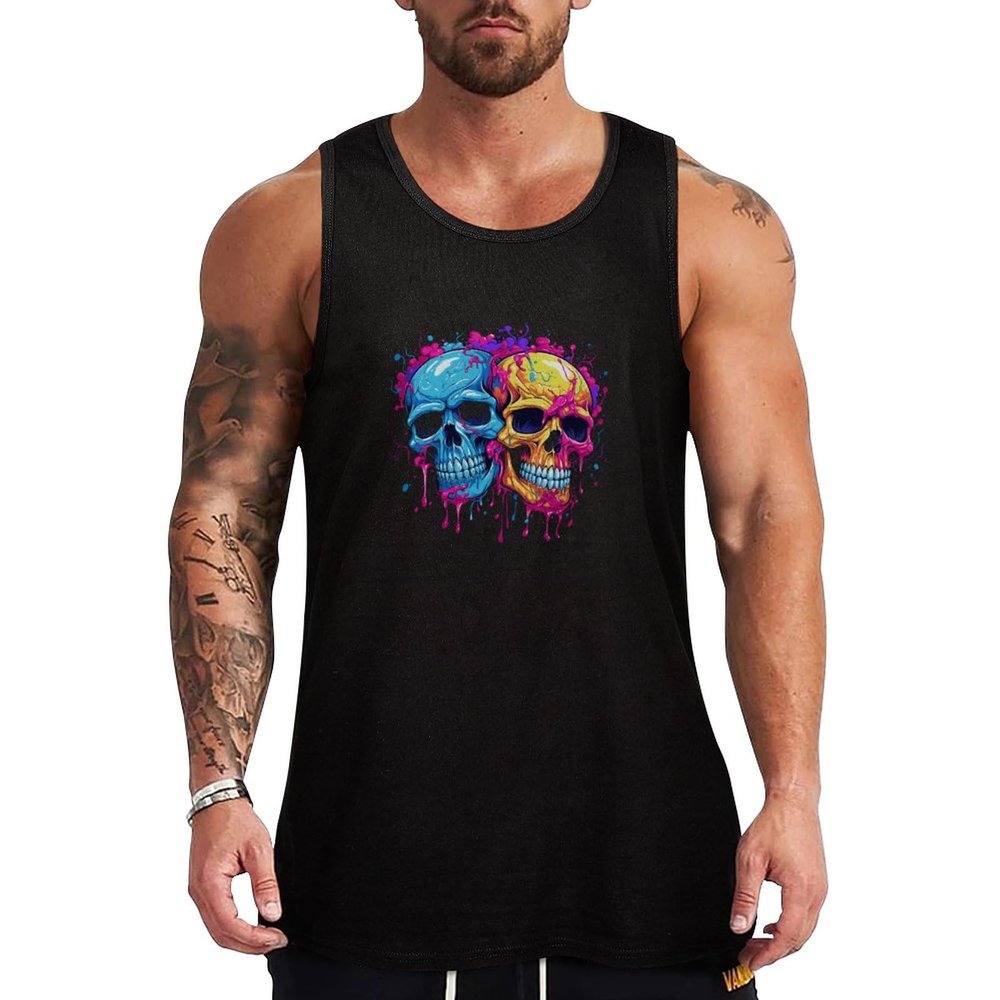 DWVTMNS Mens Tank Tops Sleeveless T Shirts Two Different Skulls Printed Black Vest Undershirts