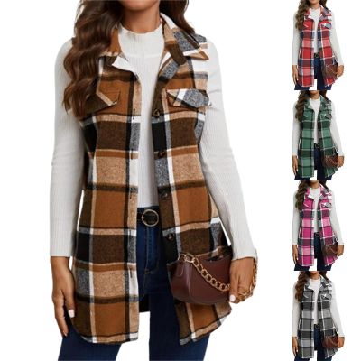 Long Vest for Women Sleeveless Button Down Plaid Shacket Open Front Curved Hems Lapel Jacket Comfy Casual Coat Outerwear Cardigan 2024 Trendy