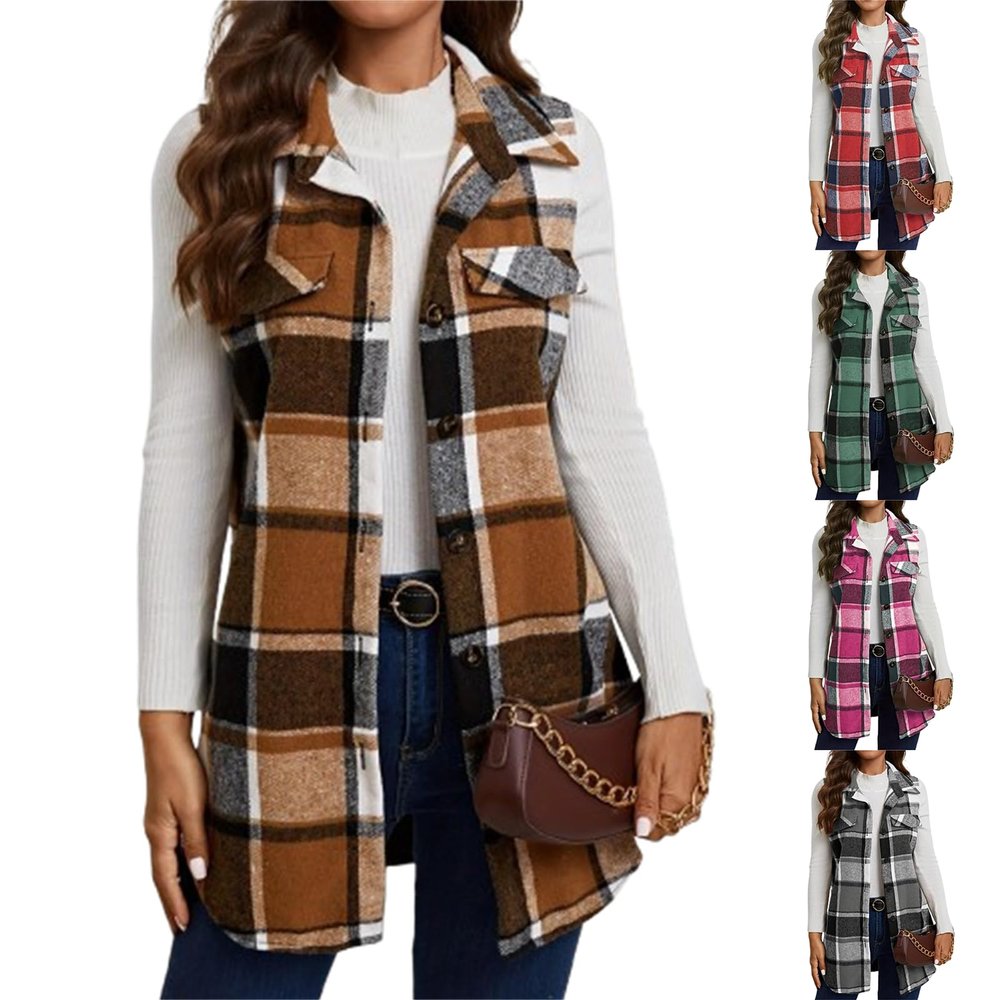 Long Vest for Women Sleeveless Button Down Plaid Shacket Open Front Curved Hems Lapel Jacket Comfy Casual Coat Outerwear Cardigan 2024 Trendy