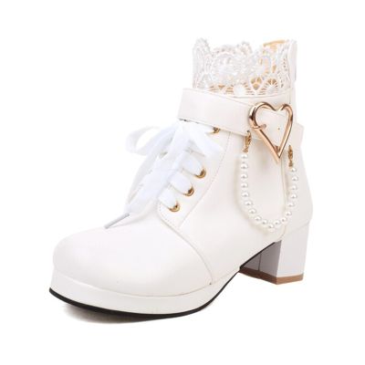 Women Lolita Boots Chunky Block Heel Ankle Boots Heart Buckle Goth Platform Lace Up Kawaii Boots with Pearl
