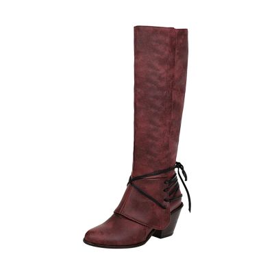 Knee High Boots for Women Vintage Lace Up Chunky Heel Long Boots Winter Warm Mid Heel Leather Riding Boots
