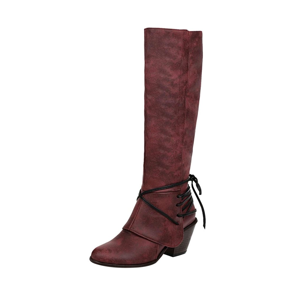 Knee High Boots for Women Vintage Lace Up Chunky Heel Long Boots Winter Warm Mid Heel Leather Riding Boots