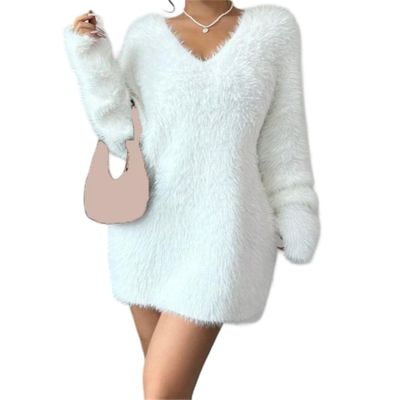 Casual Long Sleeve Ribbed Knit V Neck Loose Sweaters Dresses Womens Long Sleeve V Neck Fall Sweaters Dress Sweatshirt (White,Small)
