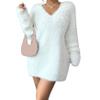 Casual Long Sleeve Ribbed Knit V Neck Loose Sweaters Dresses Womens Long Sleeve V Neck Fall Sweaters Dress Sweatshirt (White,Small) view 1