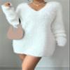 Casual Long Sleeve Ribbed Knit V Neck Loose Sweaters Dresses Womens Long Sleeve V Neck Fall Sweaters Dress Sweatshirt (White,Small) view 2