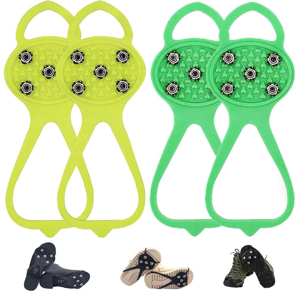 Universal Non-Slip Gripper Spikes, New Gripper Shoe Grips with 5 Tooth Steel Nails, Traction Cleats Ice Snow Grips Anti-Slip Silicone for Ice Sports (Yellow+Green, Child)
